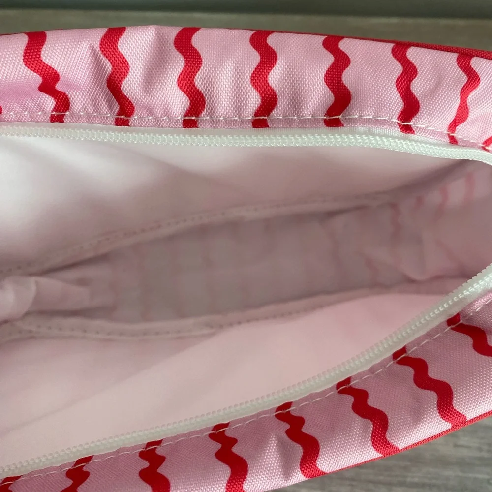 Pink Red Squiggly-Striped Boutique Fabric Zip Cosmetic Bag Tote Makeup Organizer - Picture 5 of 6